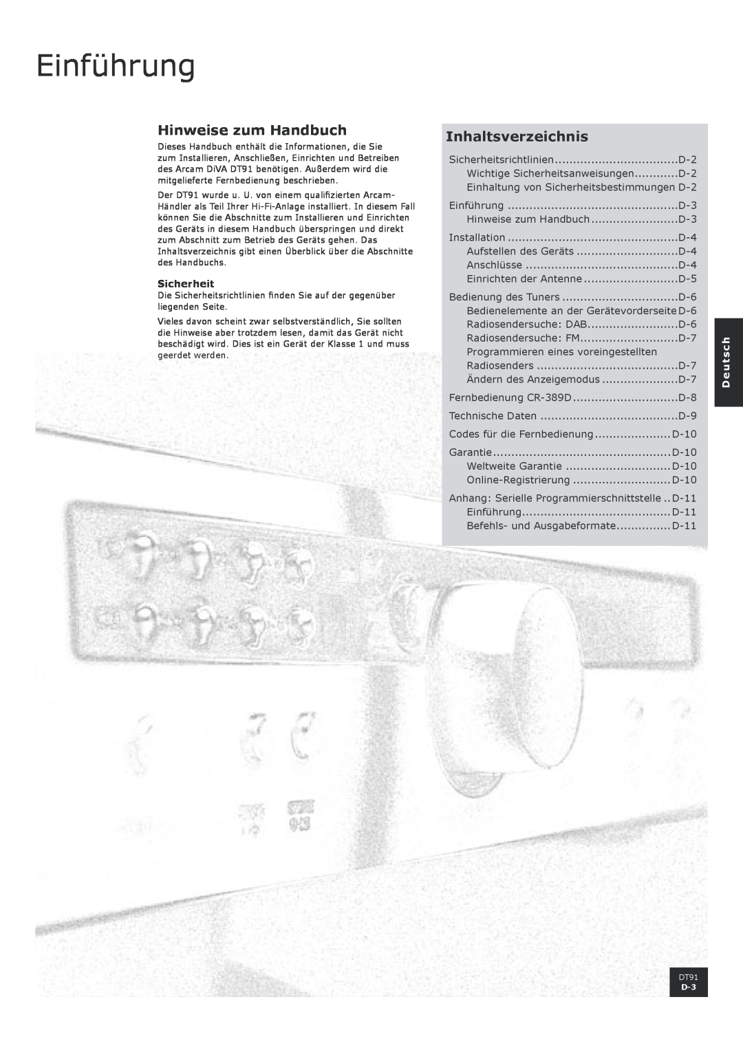 Arcam DT91 manual Einführung, Hinweise zum Handbuch, Inhaltsverzeichnis, Sicherheit, Programmieren eines voreingestellten 