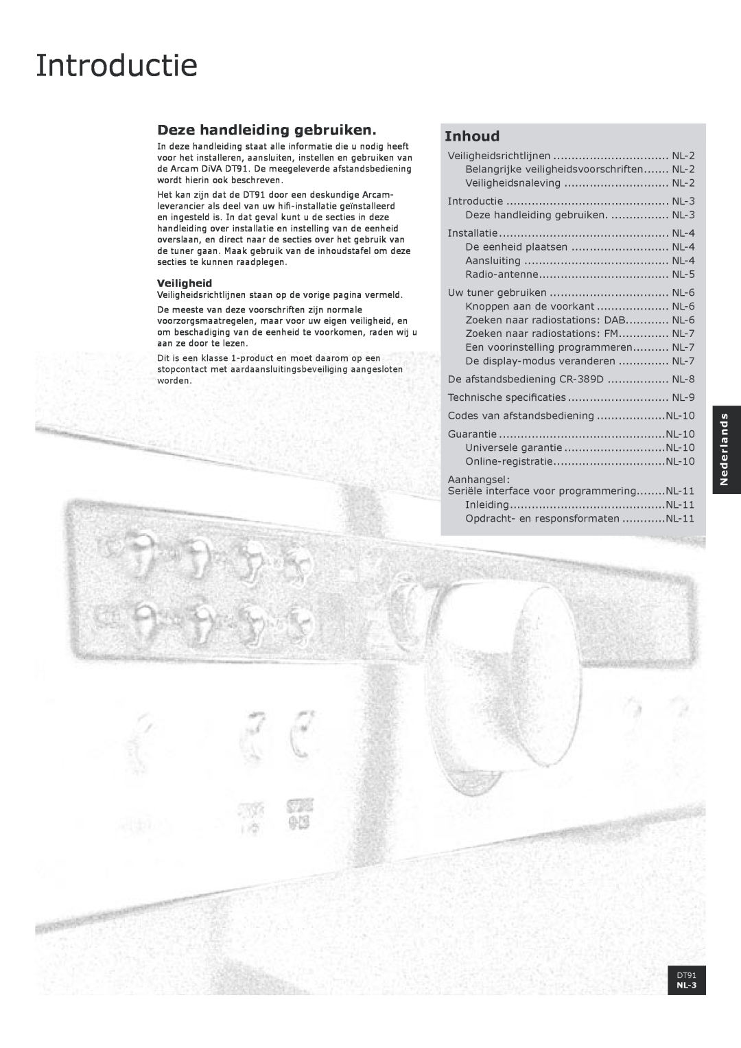 Arcam DT91 Introductie, Deze handleiding gebruiken, Inhoud, Veiligheid, NL-2, NL-3, NL-4, NL-5, NL-6, NL-7, NL-8, NL-9 