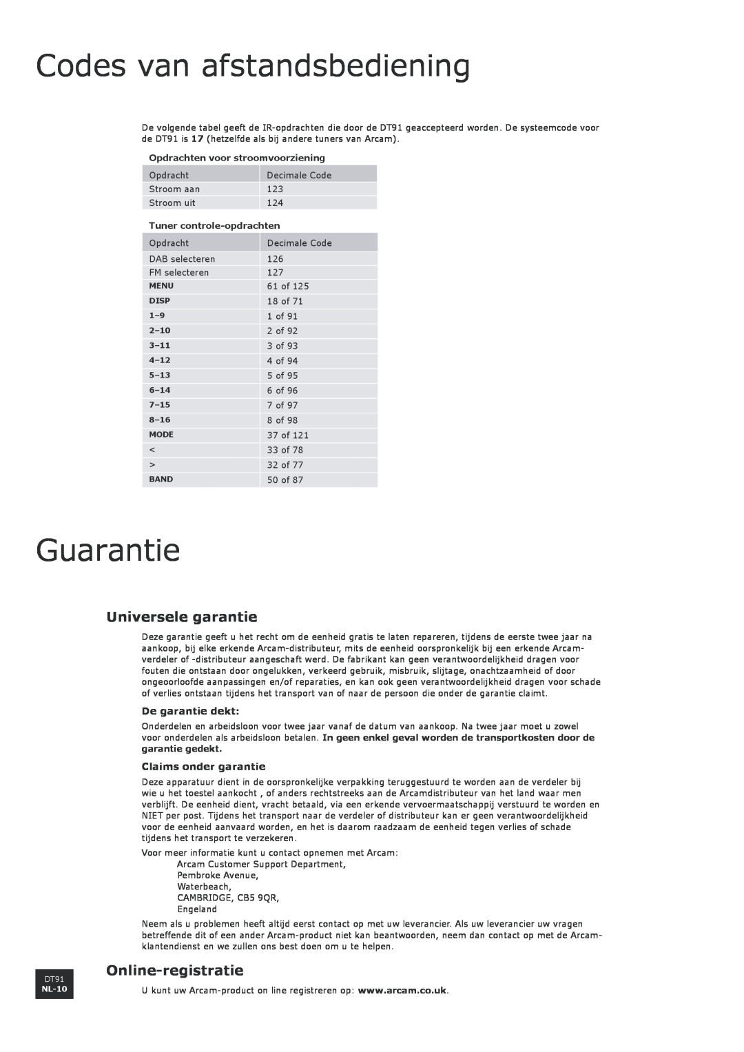 Arcam DT91 manual Codes van afstandsbediening, Guarantie, Universele garantie, Online-registratie, De garantie dekt 
