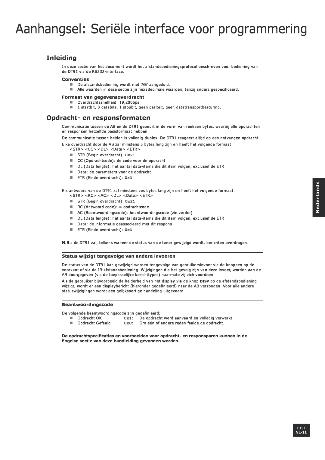 Arcam DT91 manual Inleiding, Opdracht- en responsformaten, Conventies, Formaat van gegevensoverdracht, Beantwoordingscode 
