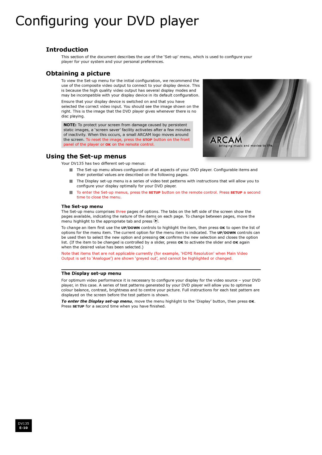 Arcam DV135 manual Configuring your DVD player, Obtaining a picture, Using the Set-up menus, Display set-up menu 