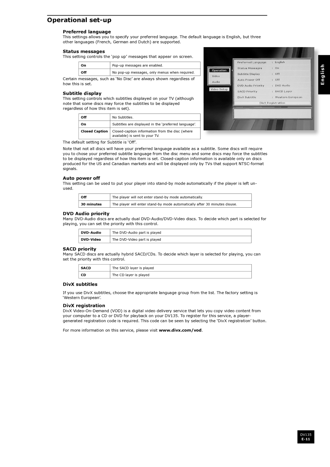 Arcam DV135 manual Operational set-up 