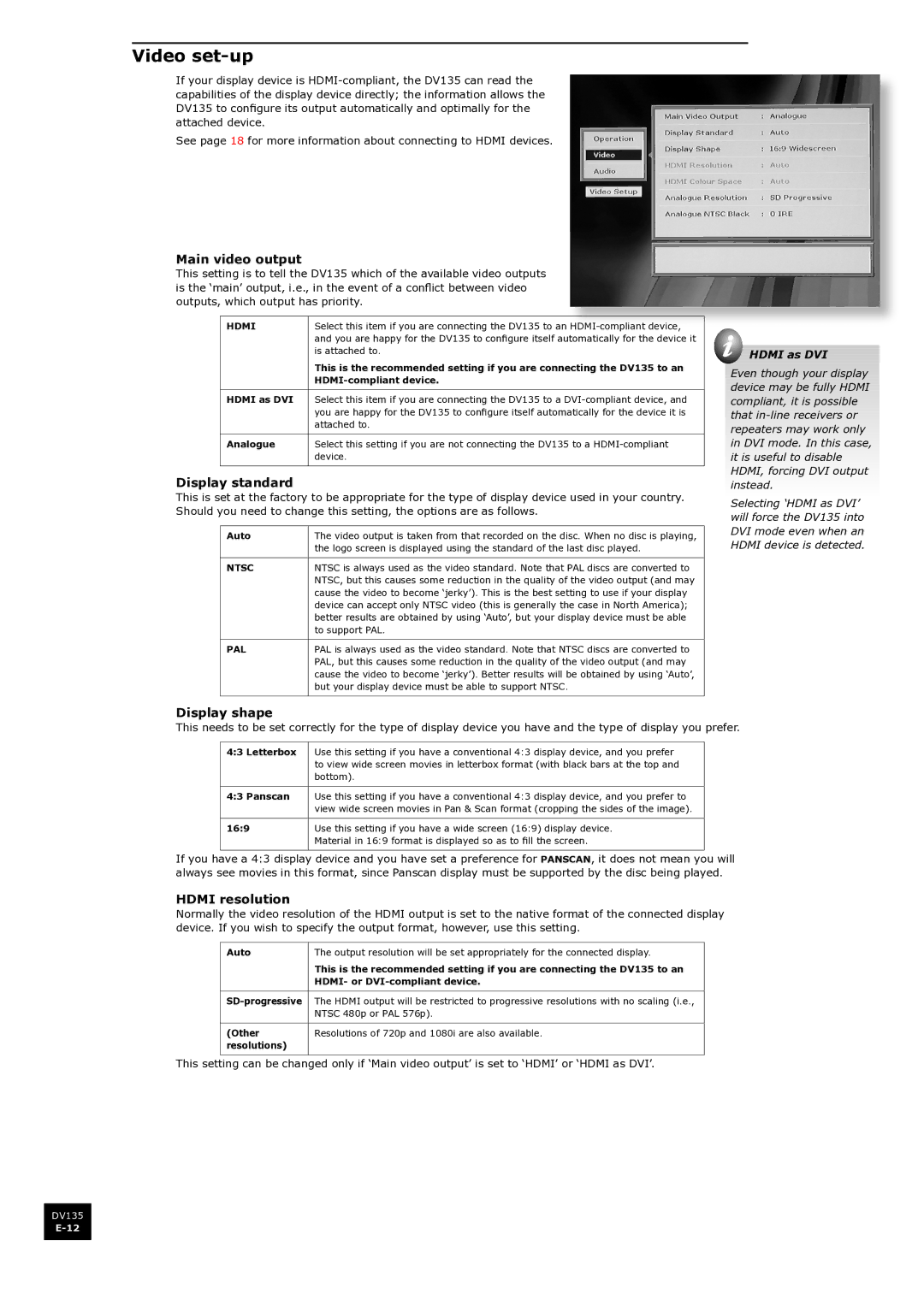 Arcam DV135 manual Video set-up, Main video output, Display standard, Display shape, Hdmi resolution 