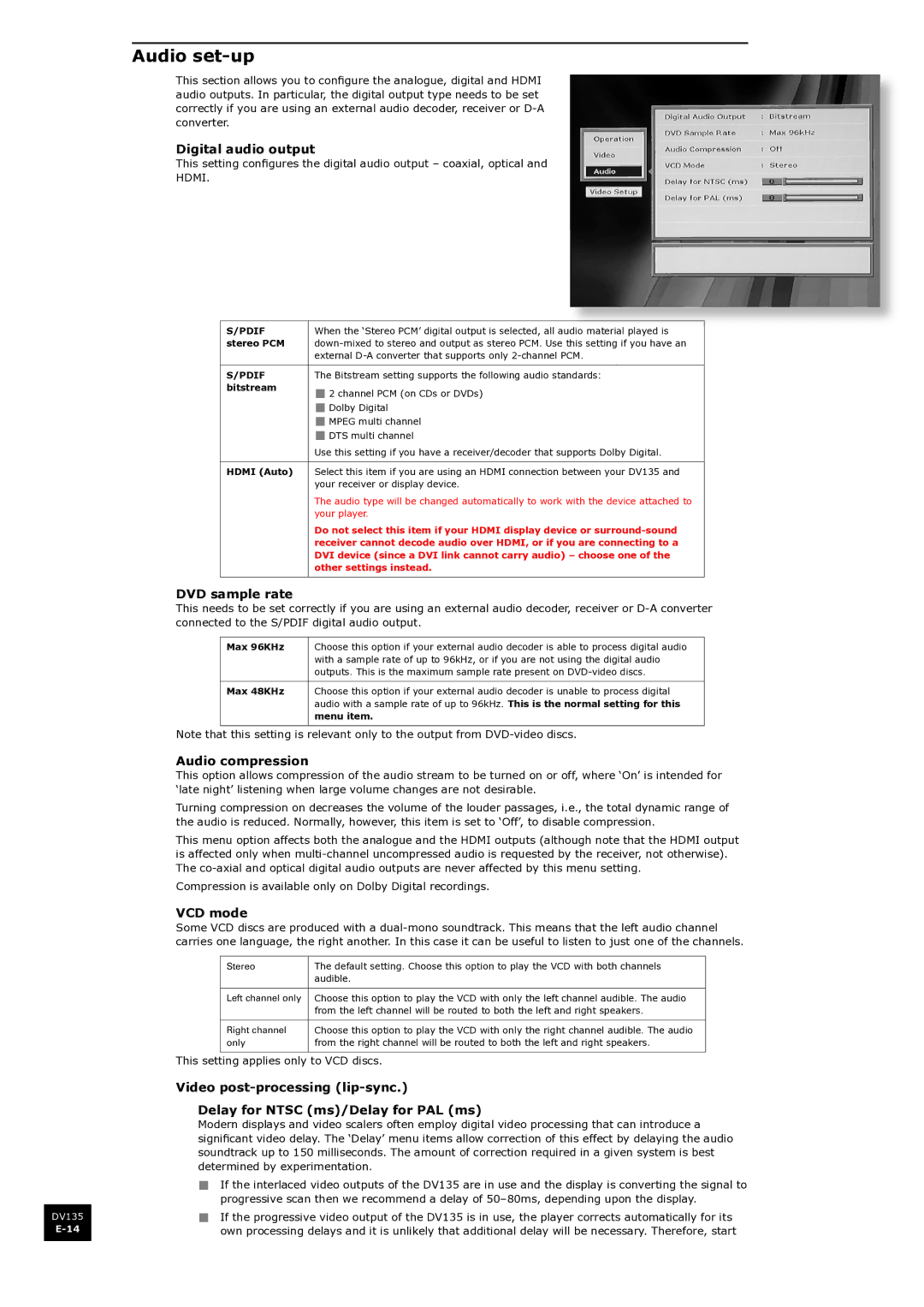 Arcam DV135 manual Audio set-up, Digital audio output, DVD sample rate, Audio compression, VCD mode 