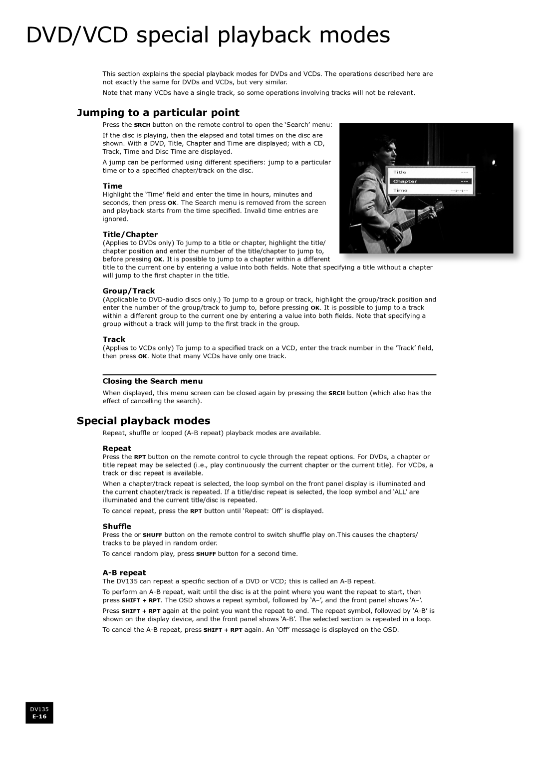 Arcam DV135 manual DVD/VCD special playback modes, Jumping to a particular point, Special playback modes 