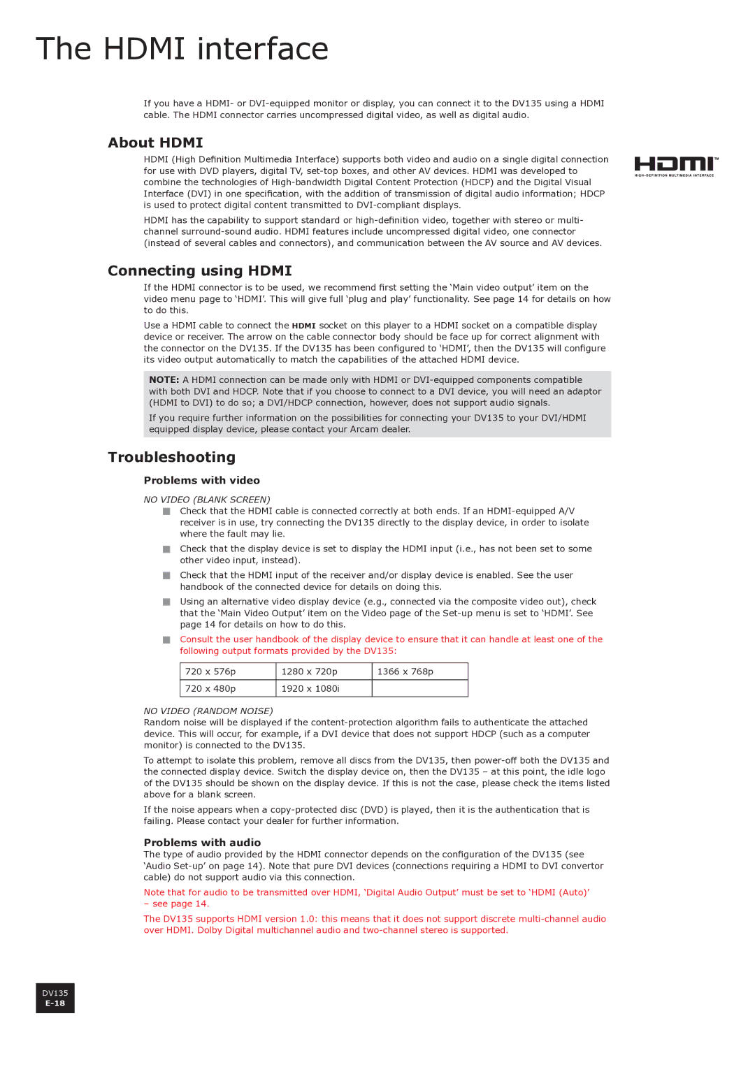 Arcam DV135 manual Hdmi interface, About Hdmi, Connecting using Hdmi, Troubleshooting 