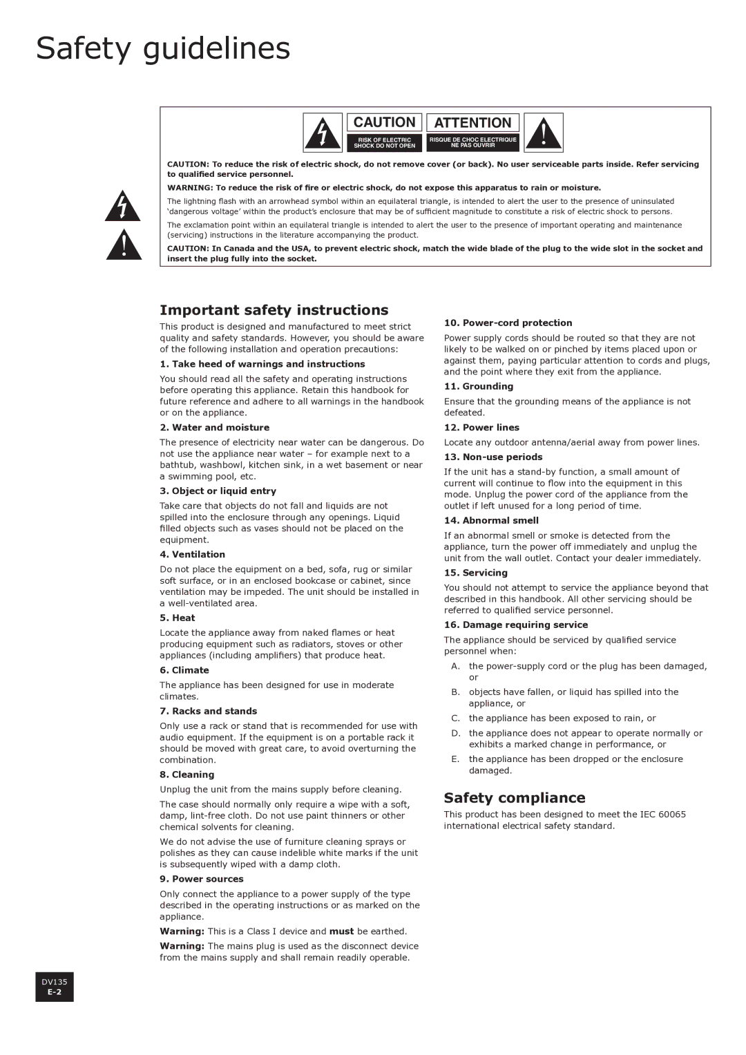 Arcam DV135 manual Safety guidelines, Important safety instructions, Safety compliance 