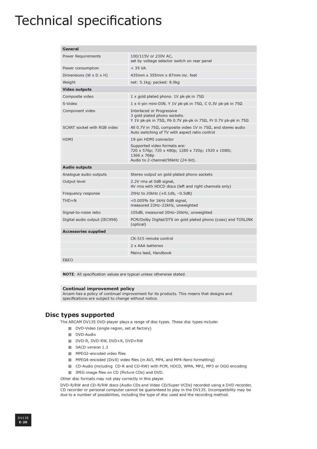 Arcam DV135 manual Technical specifications, Disc types supported, Continual improvement policy 