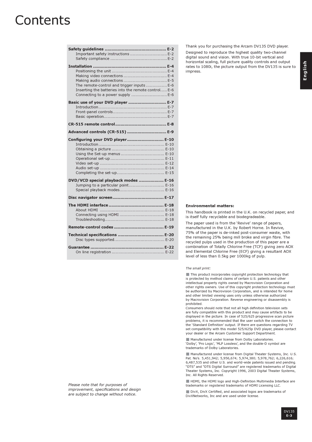 Arcam DV135 manual Contents 