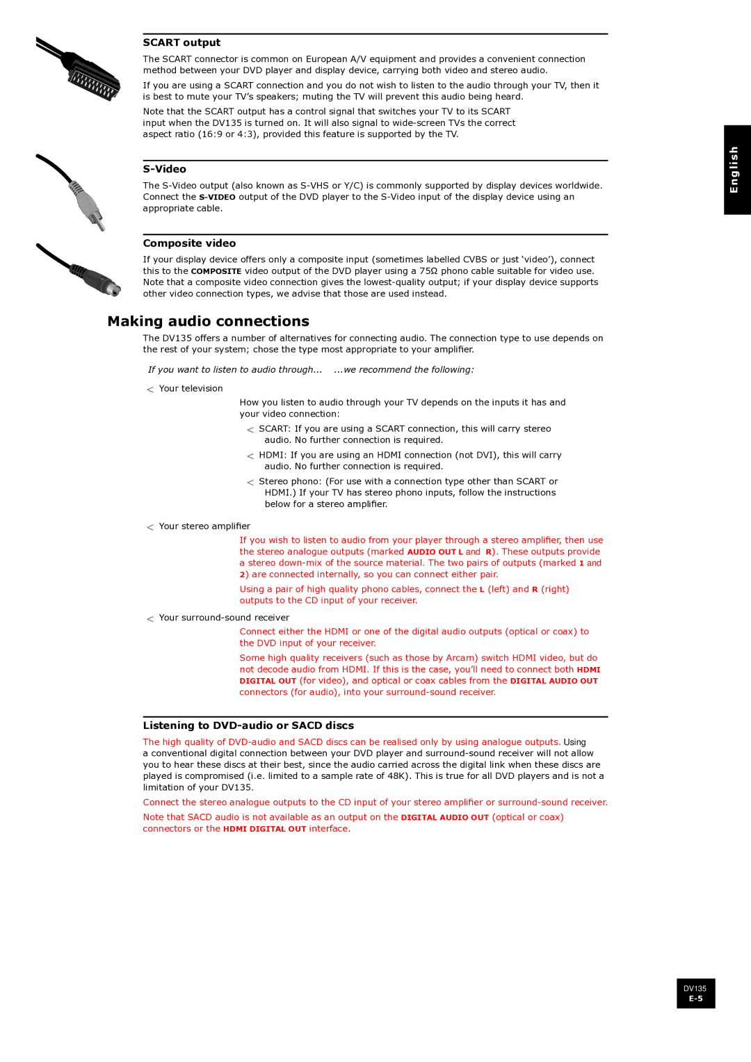 Arcam DV135 manual Making audio connections, Scart output, Video, Composite video, Listening to DVD-audio or Sacd discs 