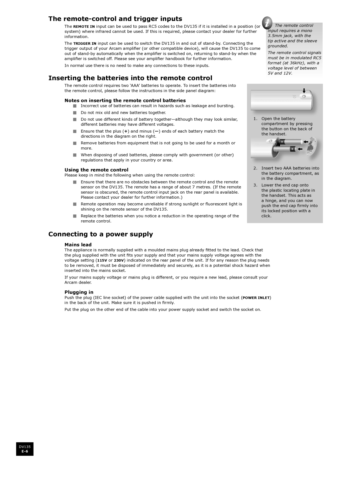 Arcam DV135 manual Remote-control and trigger inputs, Inserting the batteries into the remote control 