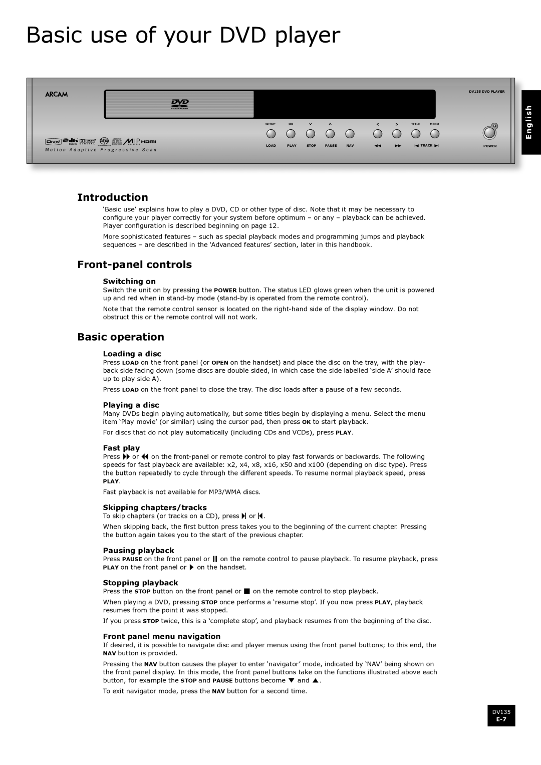 Arcam DV135 manual Basic use of your DVD player, Introduction, Front-panel controls, Basic operation 