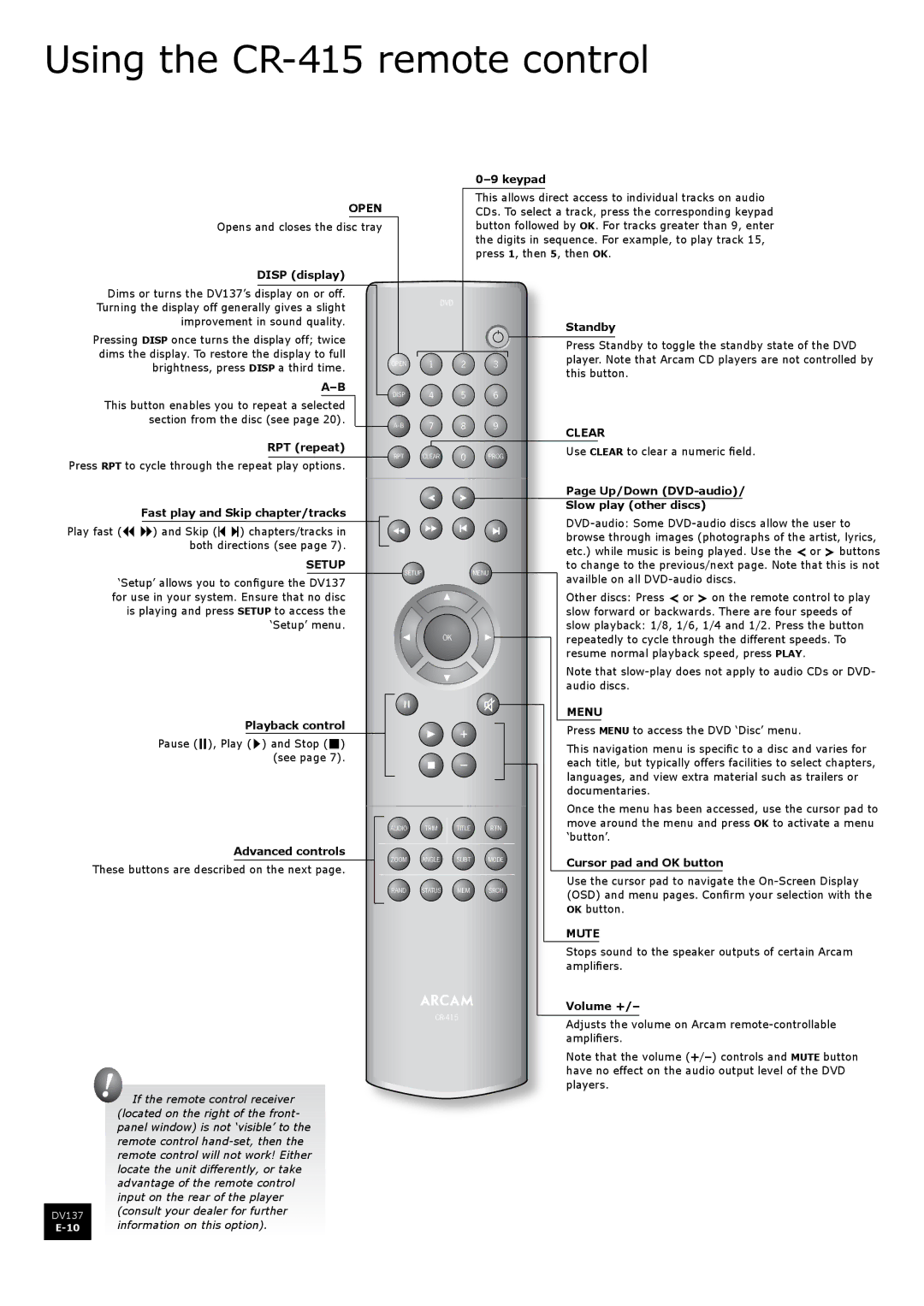 Arcam DV137 manual Using the CR-415 remote control, Disp display, RPT repeat 