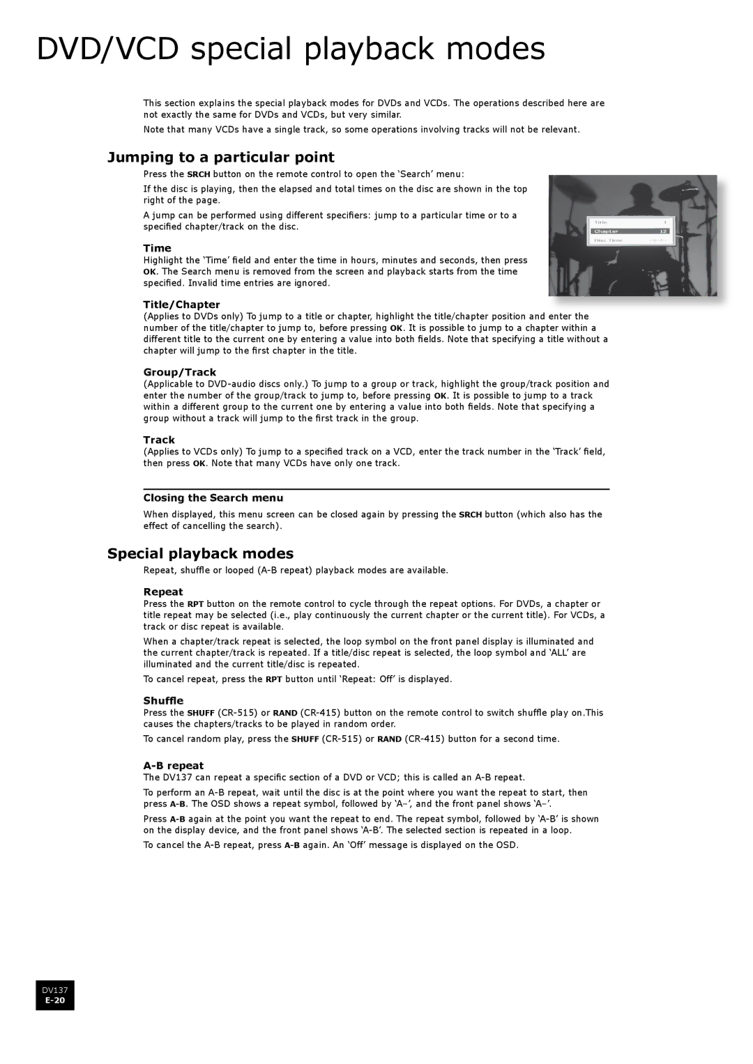 Arcam DV137 manual DVD/VCD special playback modes, Jumping to a particular point, Special playback modes 