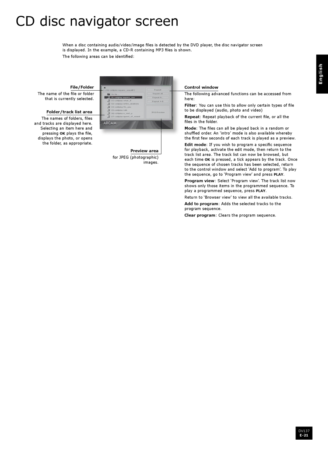 Arcam DV137 manual CD disc navigator screen, File/Folder, Folder/track list area, Preview area, Control window 