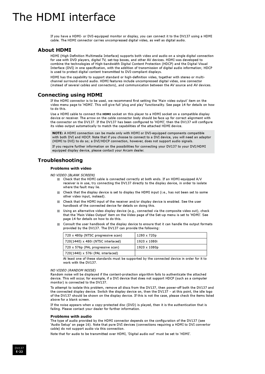 Arcam DV137 manual Hdmi interface, About Hdmi, Connecting using Hdmi, Troubleshooting 