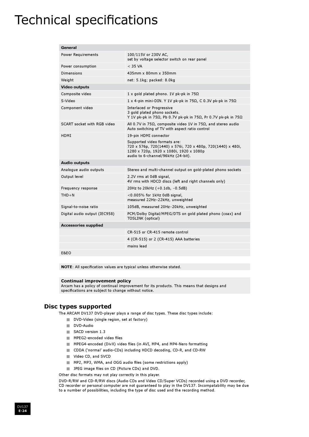 Arcam DV137 manual Technical specifications, Disc types supported, Continual improvement policy 