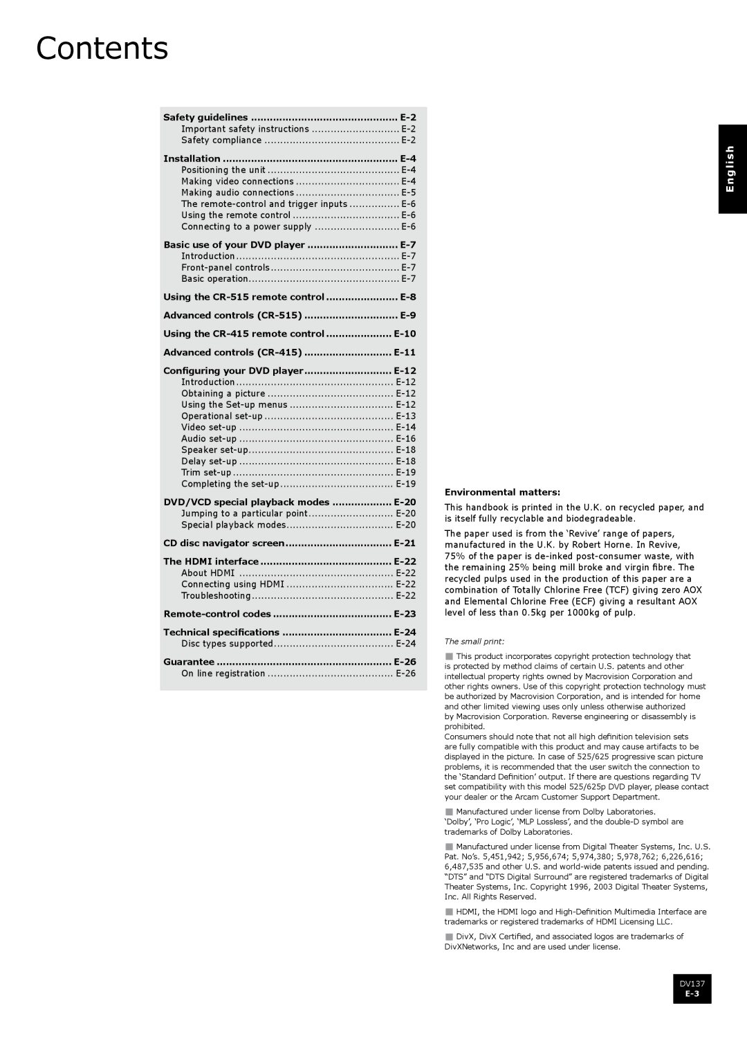 Arcam DV137 manual Contents 