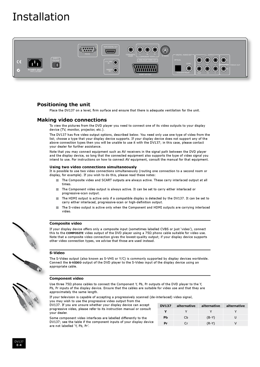 Arcam DV137 manual Installation, Positioning the unit, Making video connections 