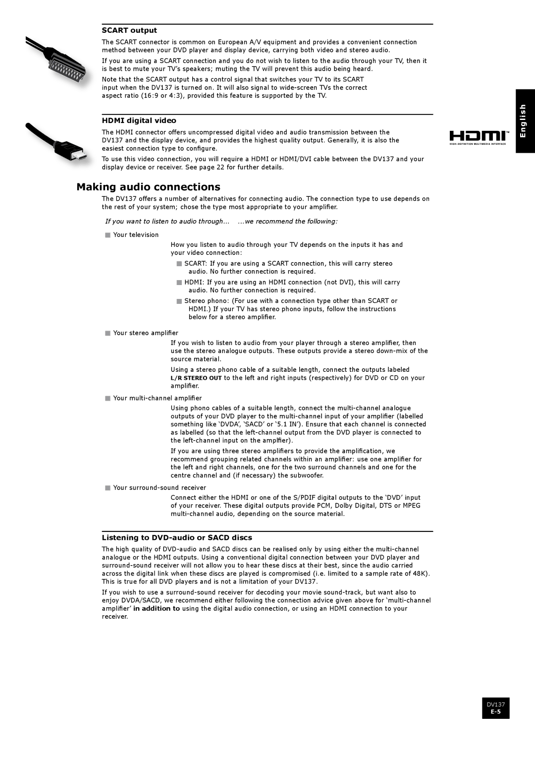 Arcam DV137 manual Making audio connections, Scart output, Hdmi digital video, Listening to DVD-audio or Sacd discs 