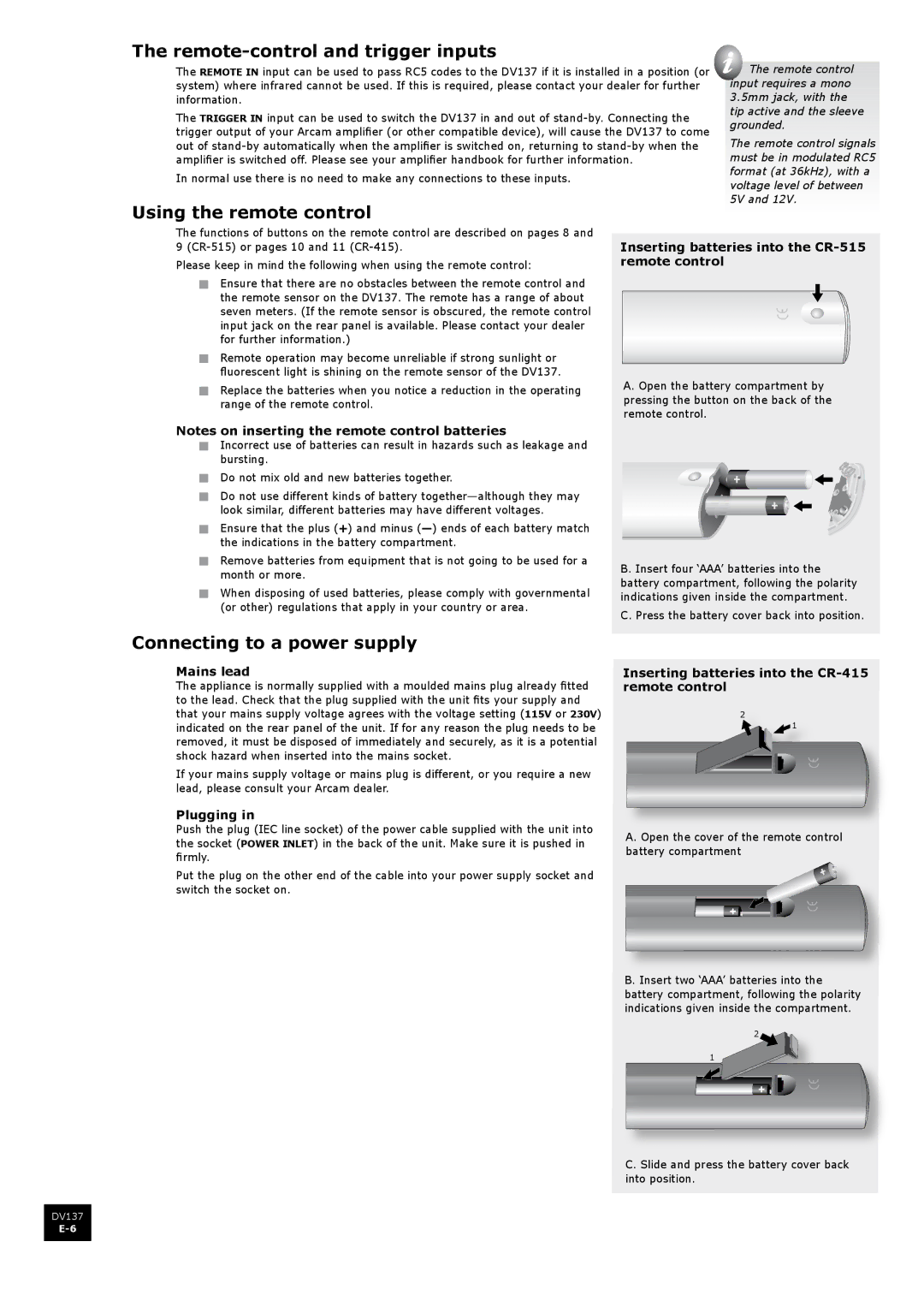 Arcam DV137 manual Remote-control and trigger inputs, Using the remote control, Connecting to a power supply 