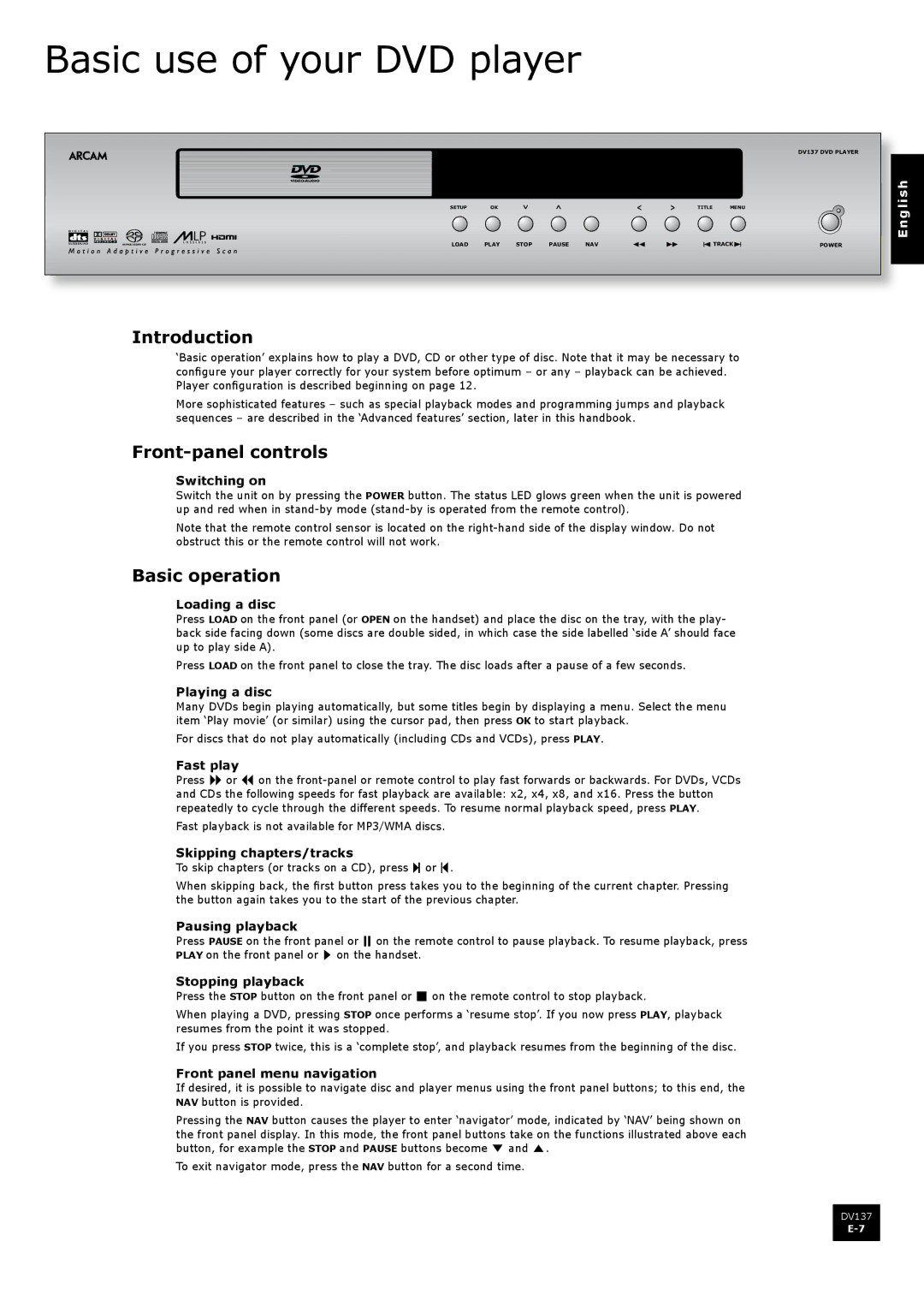 Arcam DV137 manual Basic use of your DVD player, Introduction, Front-panel controls, Basic operation 