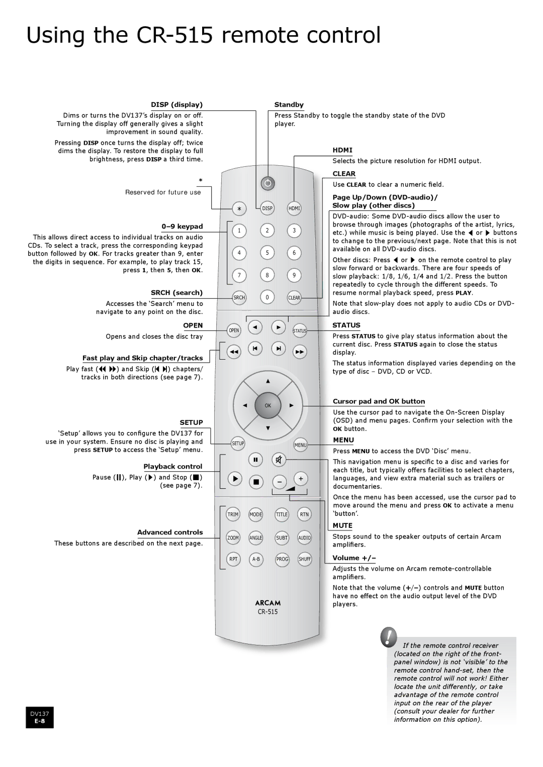 Arcam DV137 manual Using the CR-515 remote control 