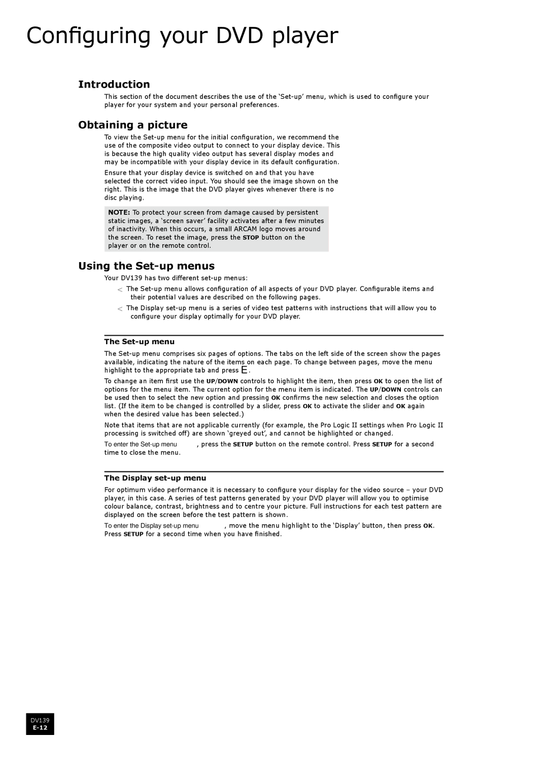 Arcam DV139 manual Configuring your DVD player, Obtaining a picture, Using the Set-up menus, Display set-up menu 