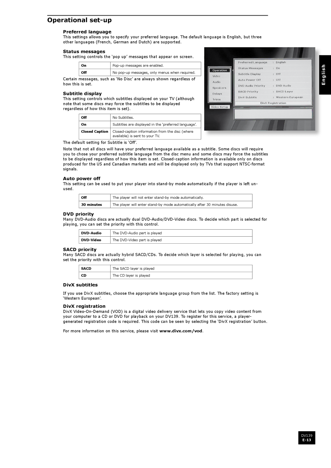 Arcam DV139 manual Operational set-up 