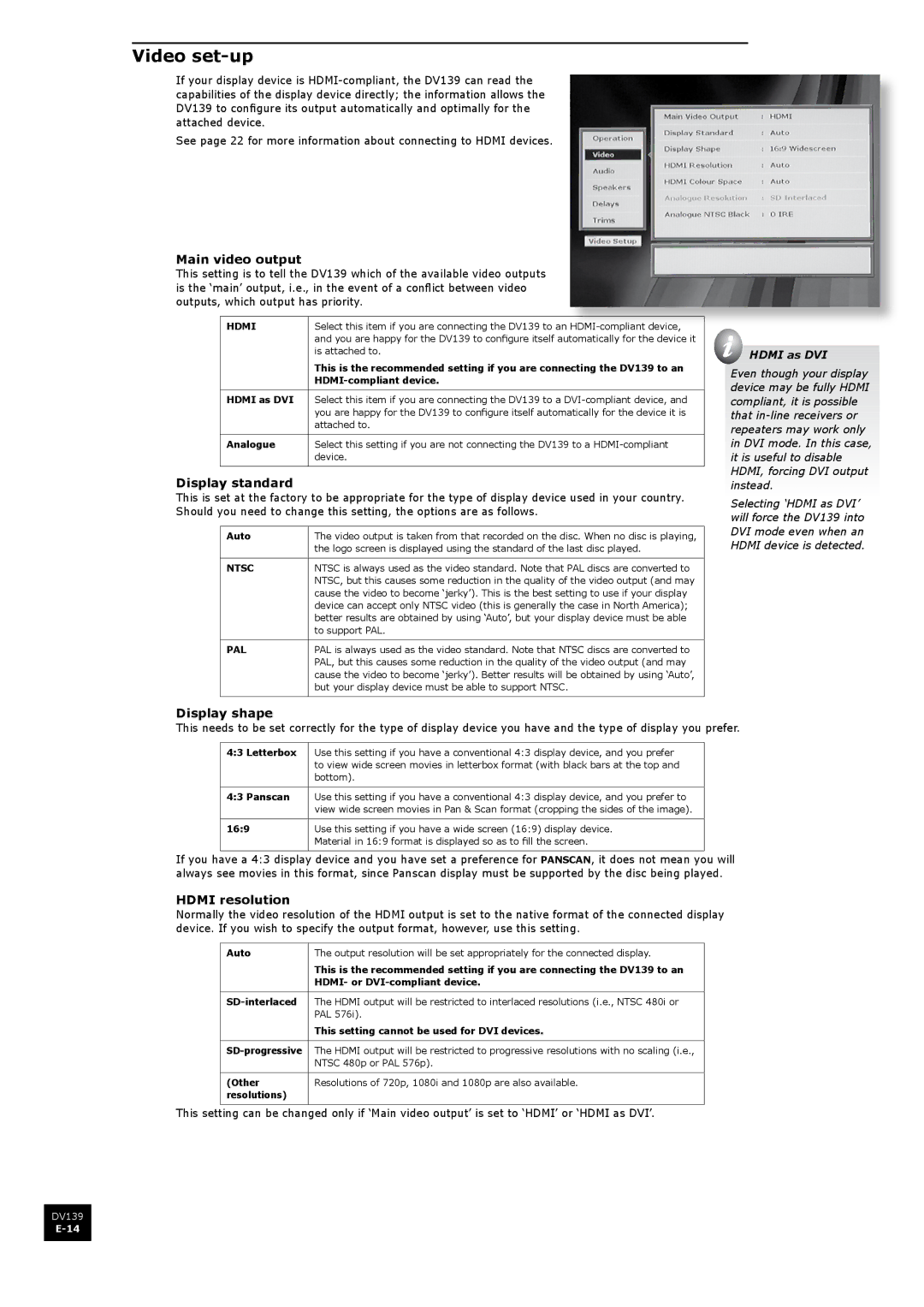 Arcam DV139 manual Video set-up, Main video output, Display standard, Display shape, Hdmi resolution 