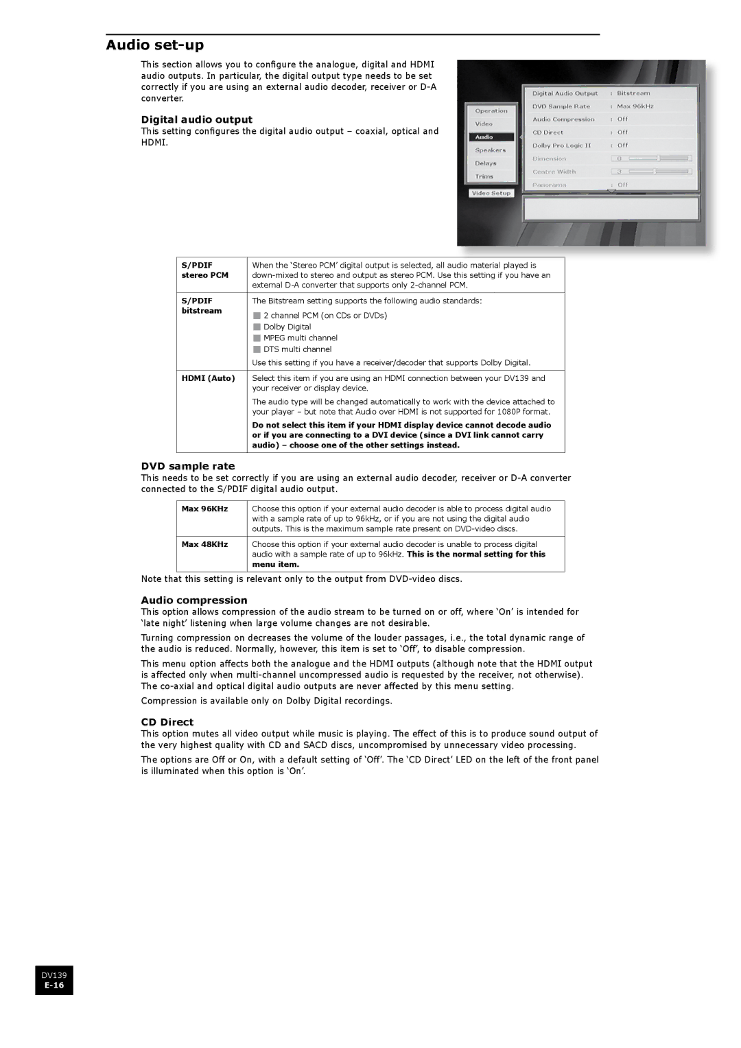 Arcam DV139 manual Audio set-up, Digital audio output, DVD sample rate, Audio compression, CD Direct 