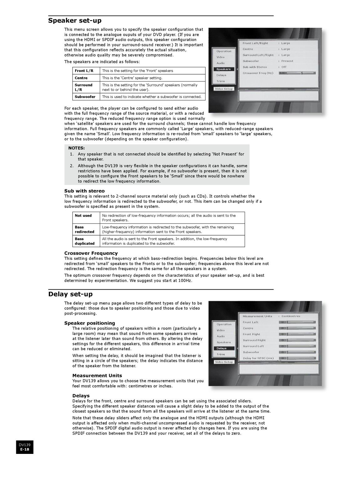 Arcam DV139 manual Speaker set-up, Delay set-up 