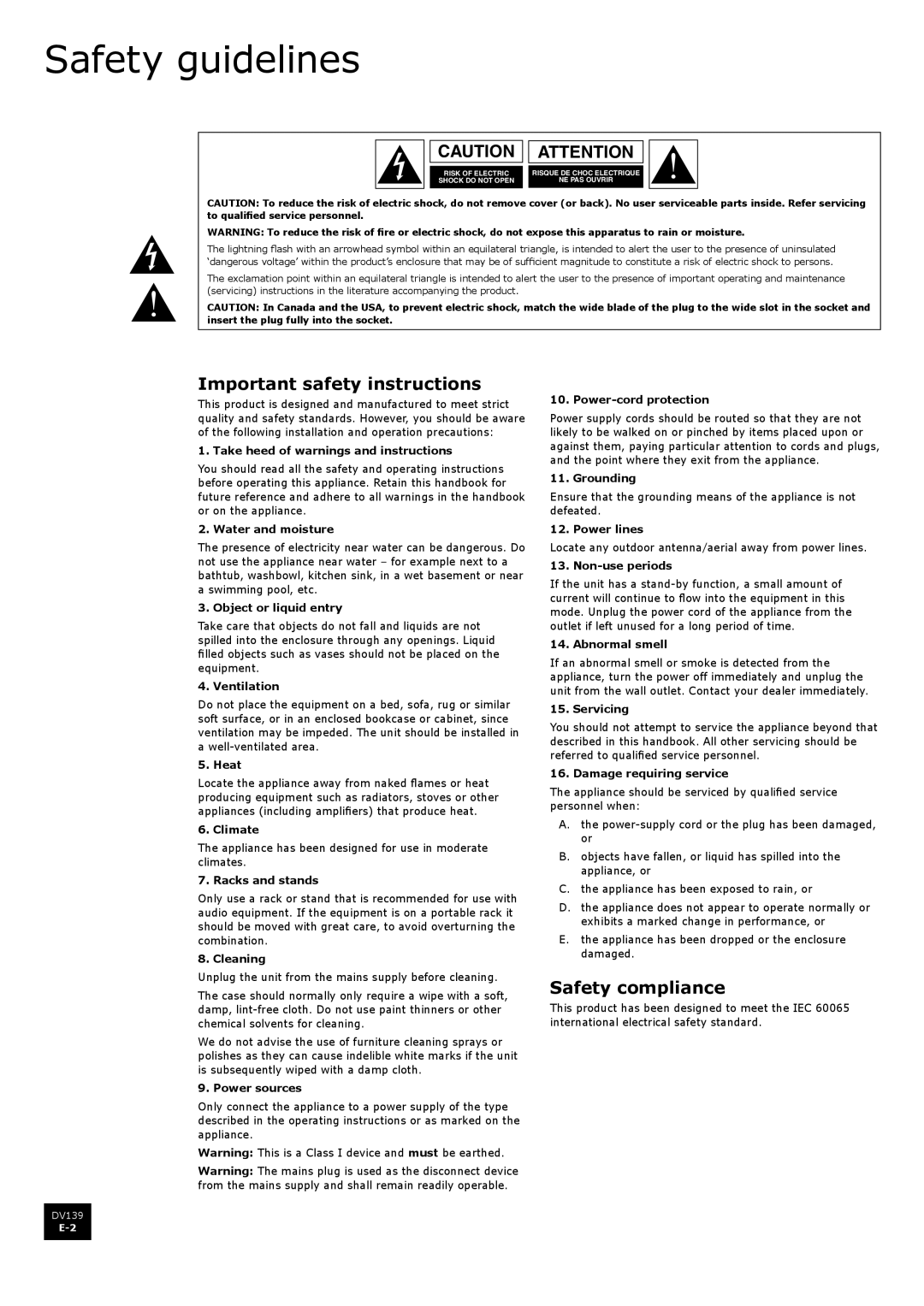 Arcam DV139 manual Safety guidelines, Important safety instructions, Safety compliance 