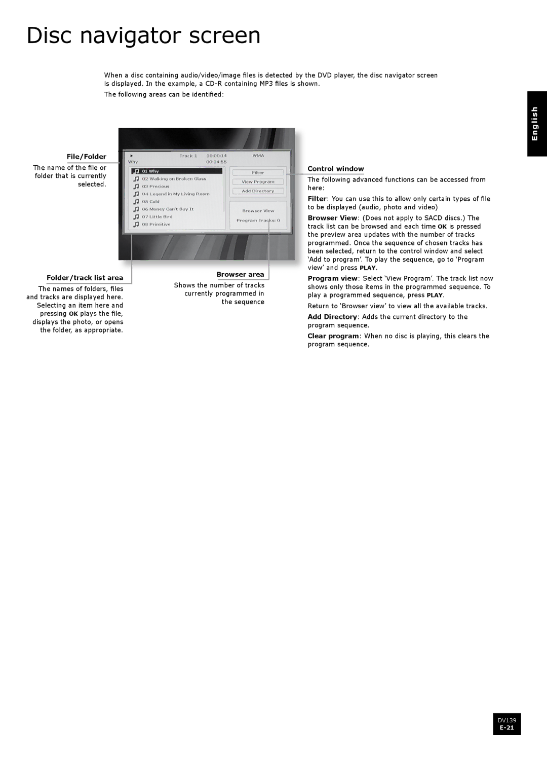 Arcam DV139 manual Disc navigator screen, File/Folder, Folder/track list area, Browser area, Control window 