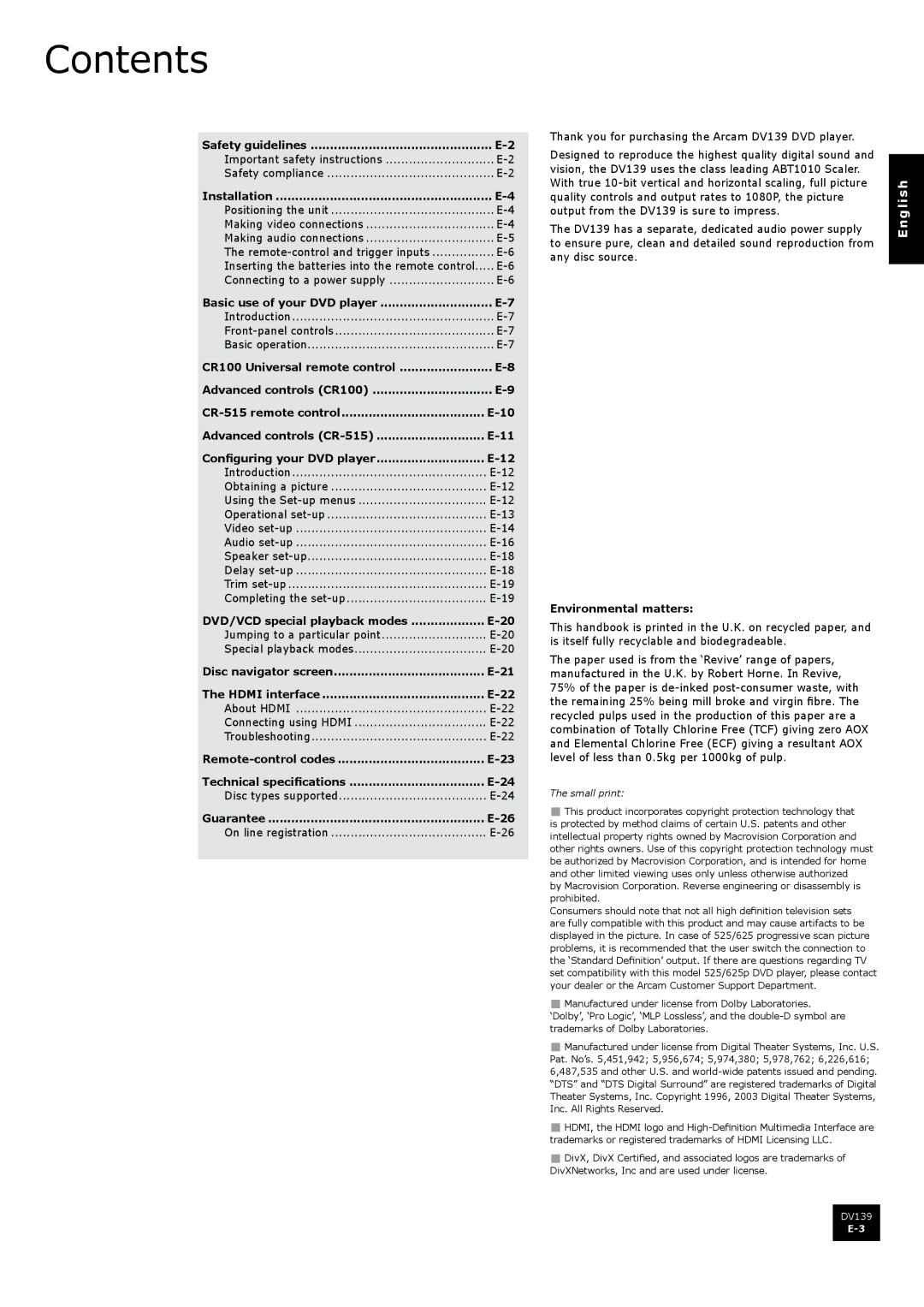 Arcam DV139 manual Contents 