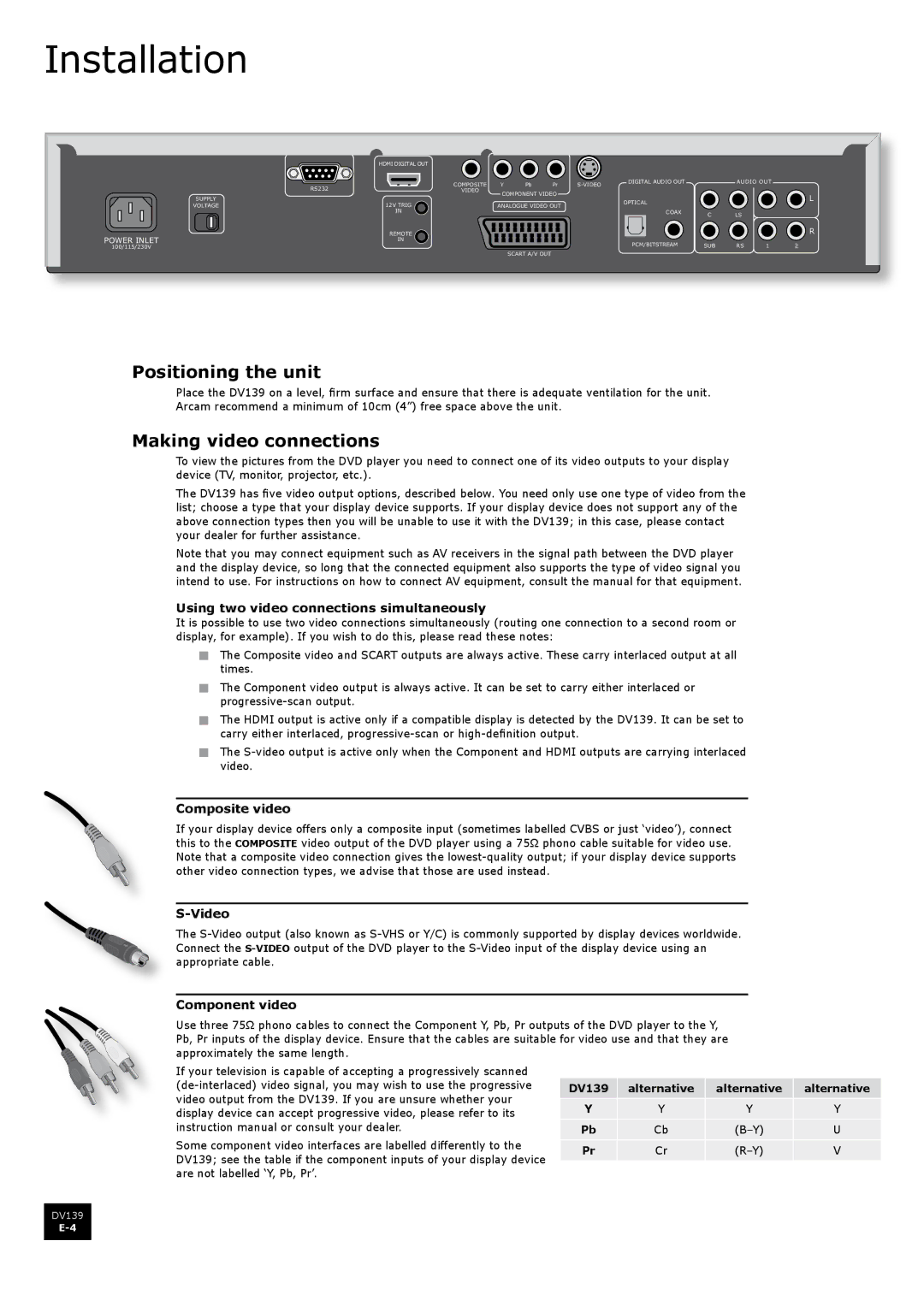 Arcam DV139 manual Installation, Positioning the unit, Making video connections 