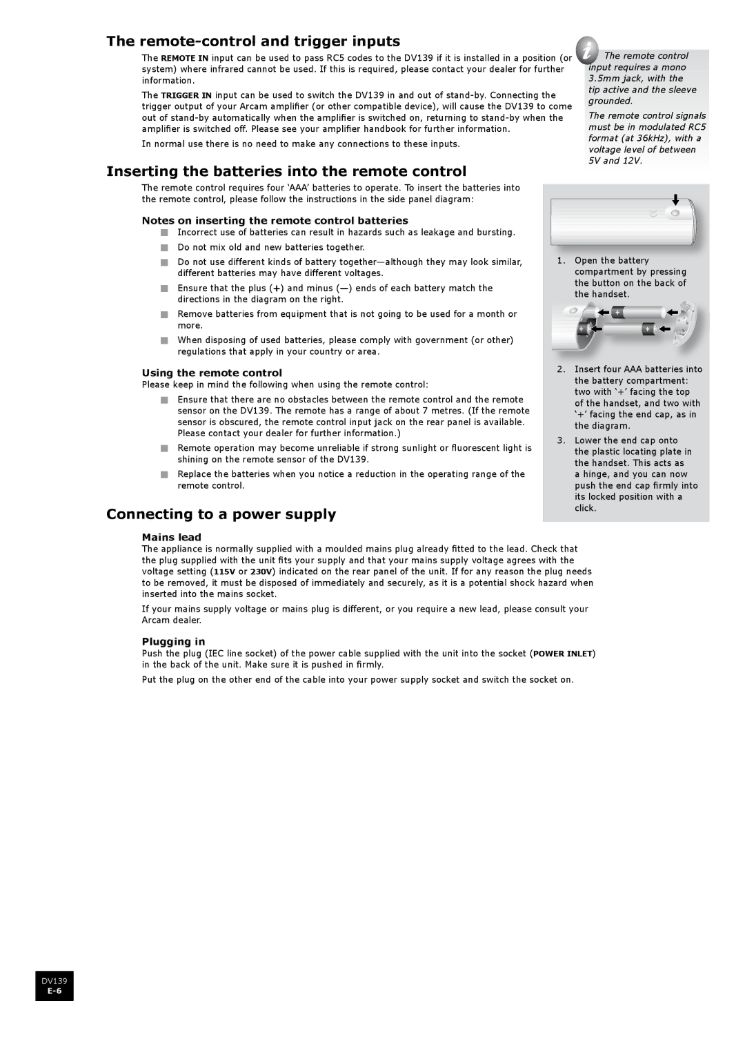 Arcam DV139 manual Remote-control and trigger inputs, Inserting the batteries into the remote control 