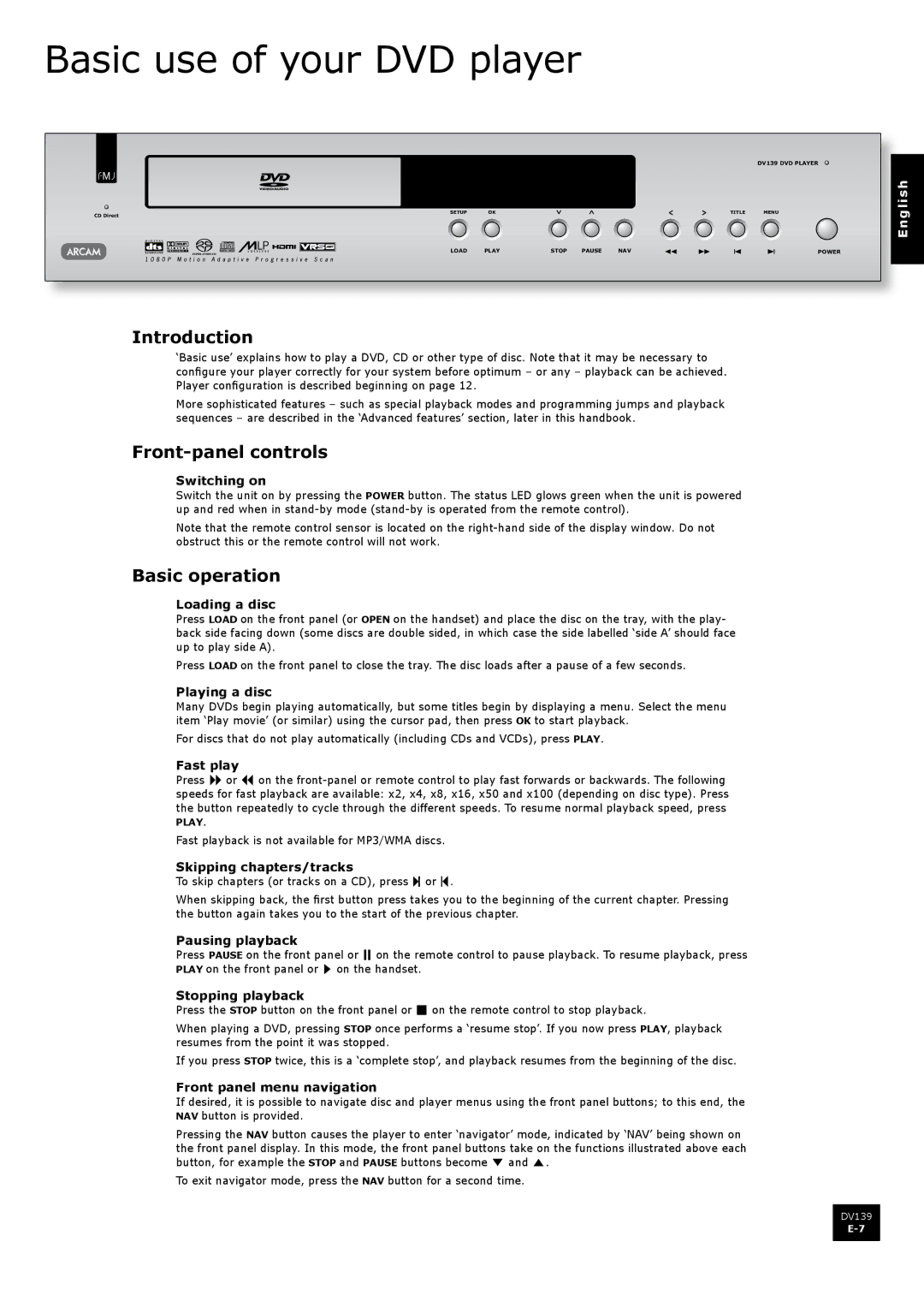 Arcam DV139 manual Basic use of your DVD player, Introduction, Front-panel controls, Basic operation 