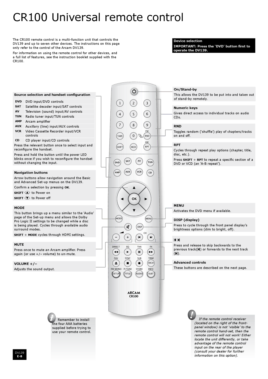 Arcam DV139 manual CR100 Universal remote control 