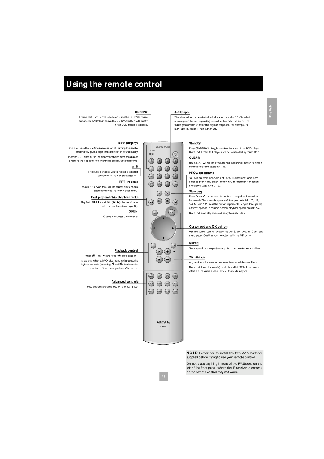 Arcam DV27 Using the remote control, Or the remote control may not work, Supplied before trying to use your remote control 