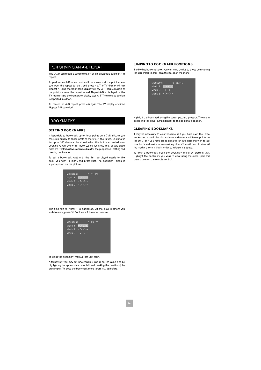 Arcam DV27 manual Performing AN A-B Repeat, Setting Bookmarks, Jumping to Bookmark Positions, Clearing Bookmarks 