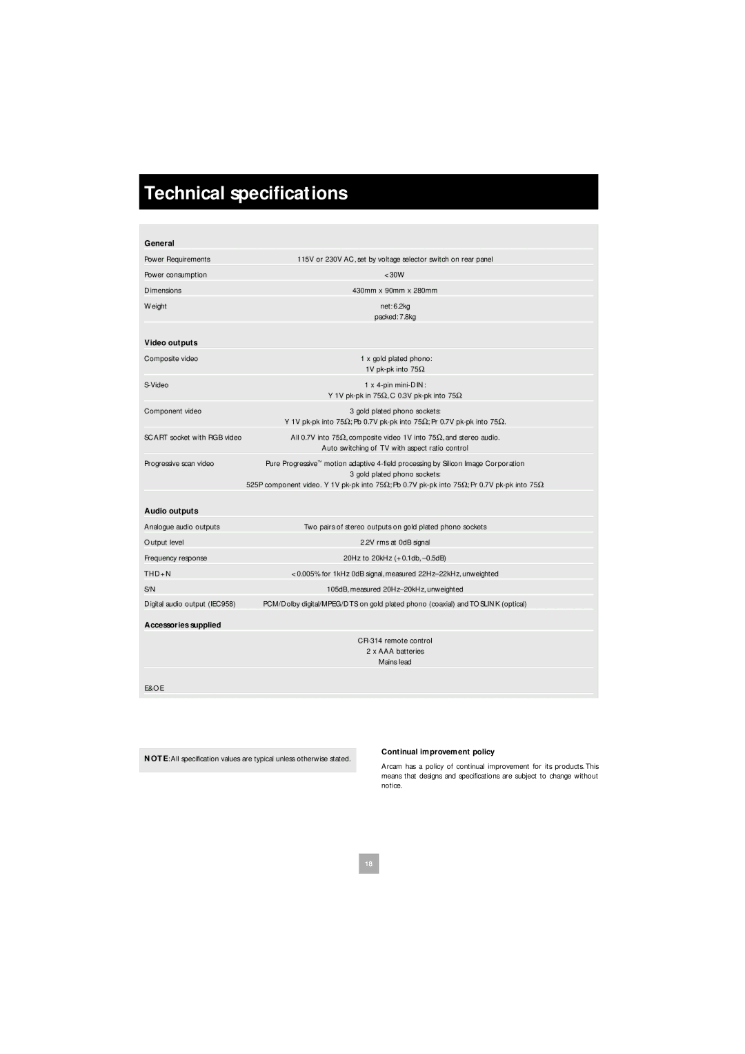 Arcam DV27 manual Technical speciﬁcations 