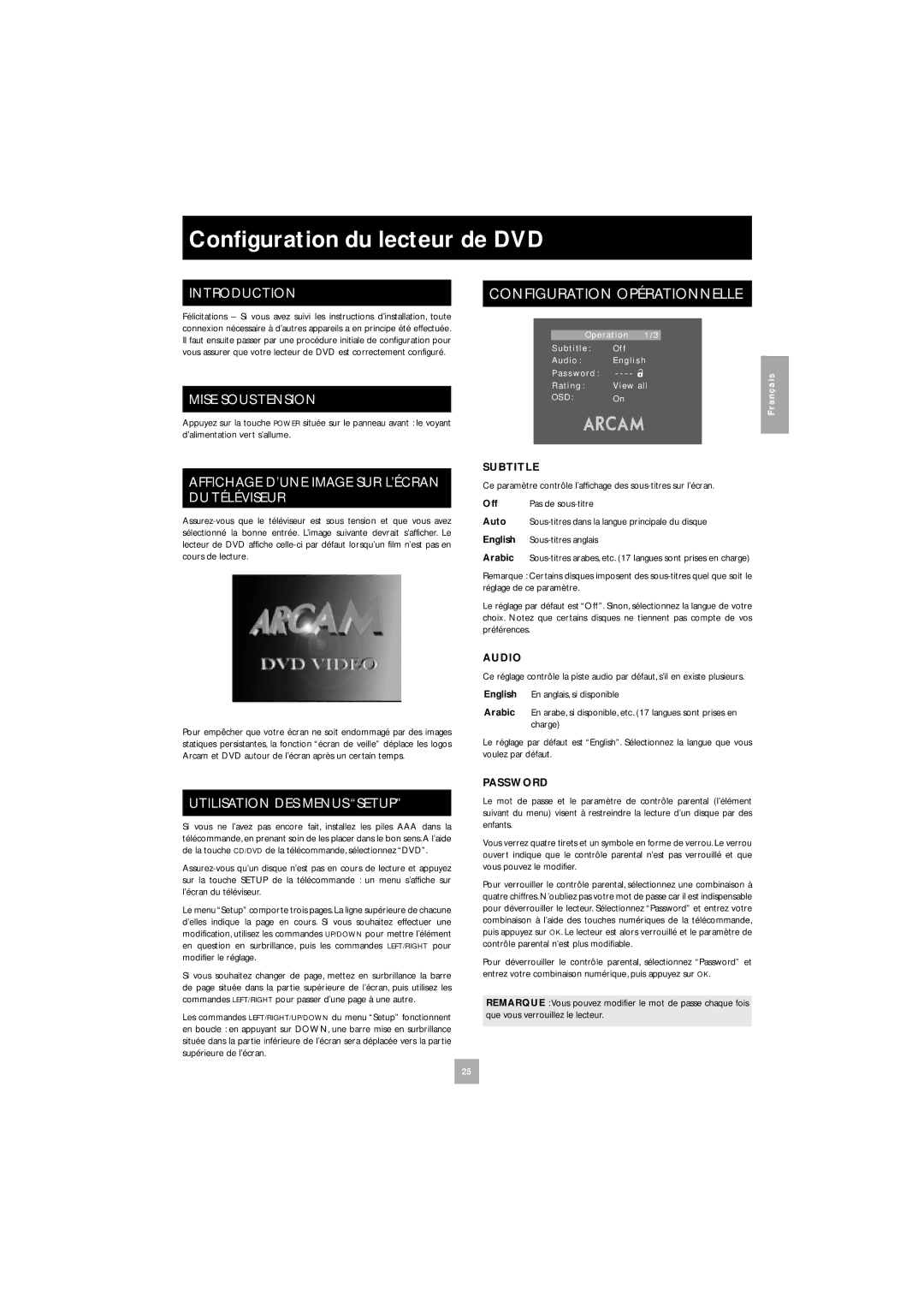 Arcam DV27 manual Conﬁguration du lecteur de DVD, Mise Sous Tension, Affichage D’UNE Image SUR L’ÉCRAN DU Téléviseur 