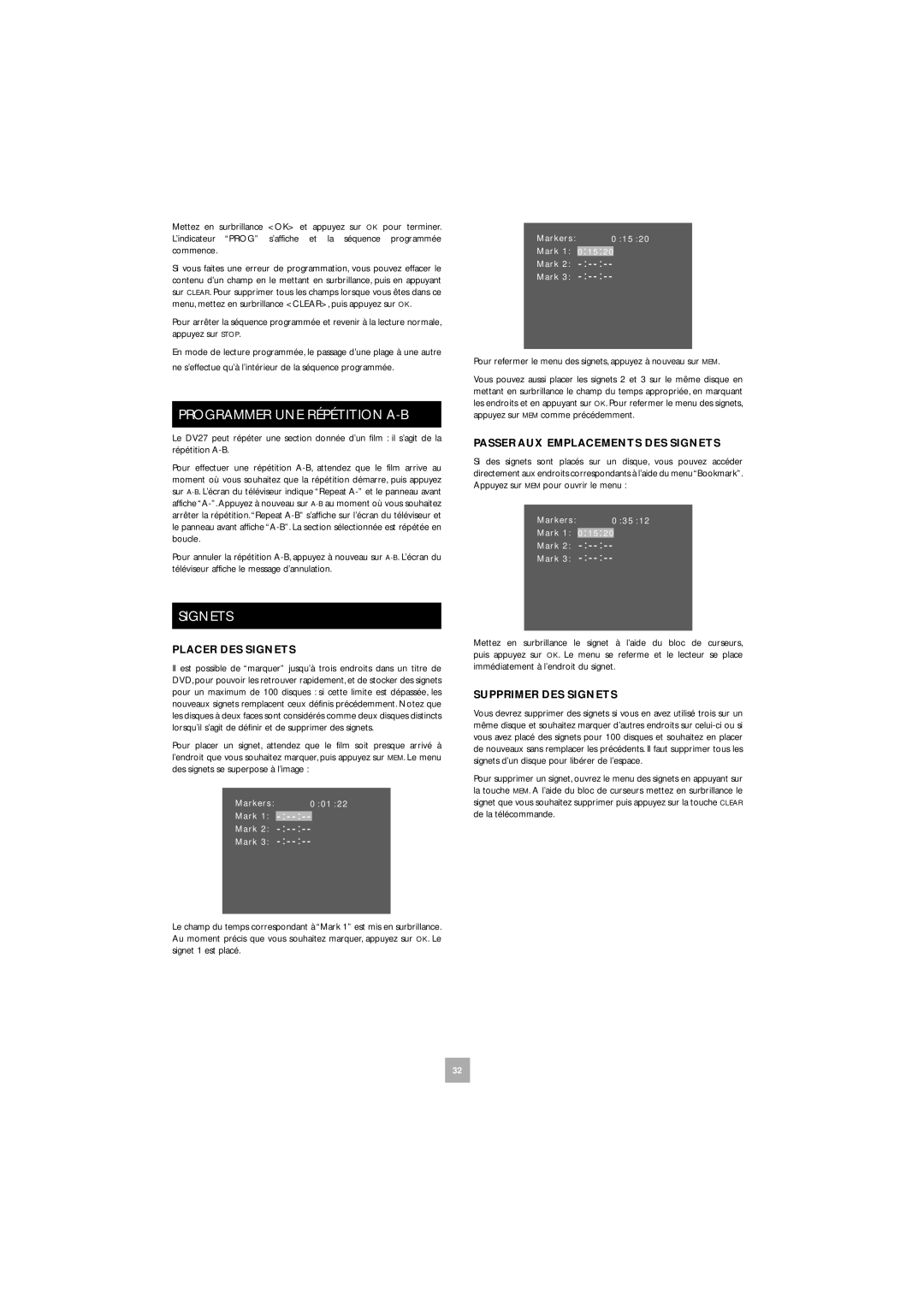 Arcam DV27 manual Programmer UNE Répétition A-B, Placer DES Signets, Passer AUX Emplacements DES Signets 