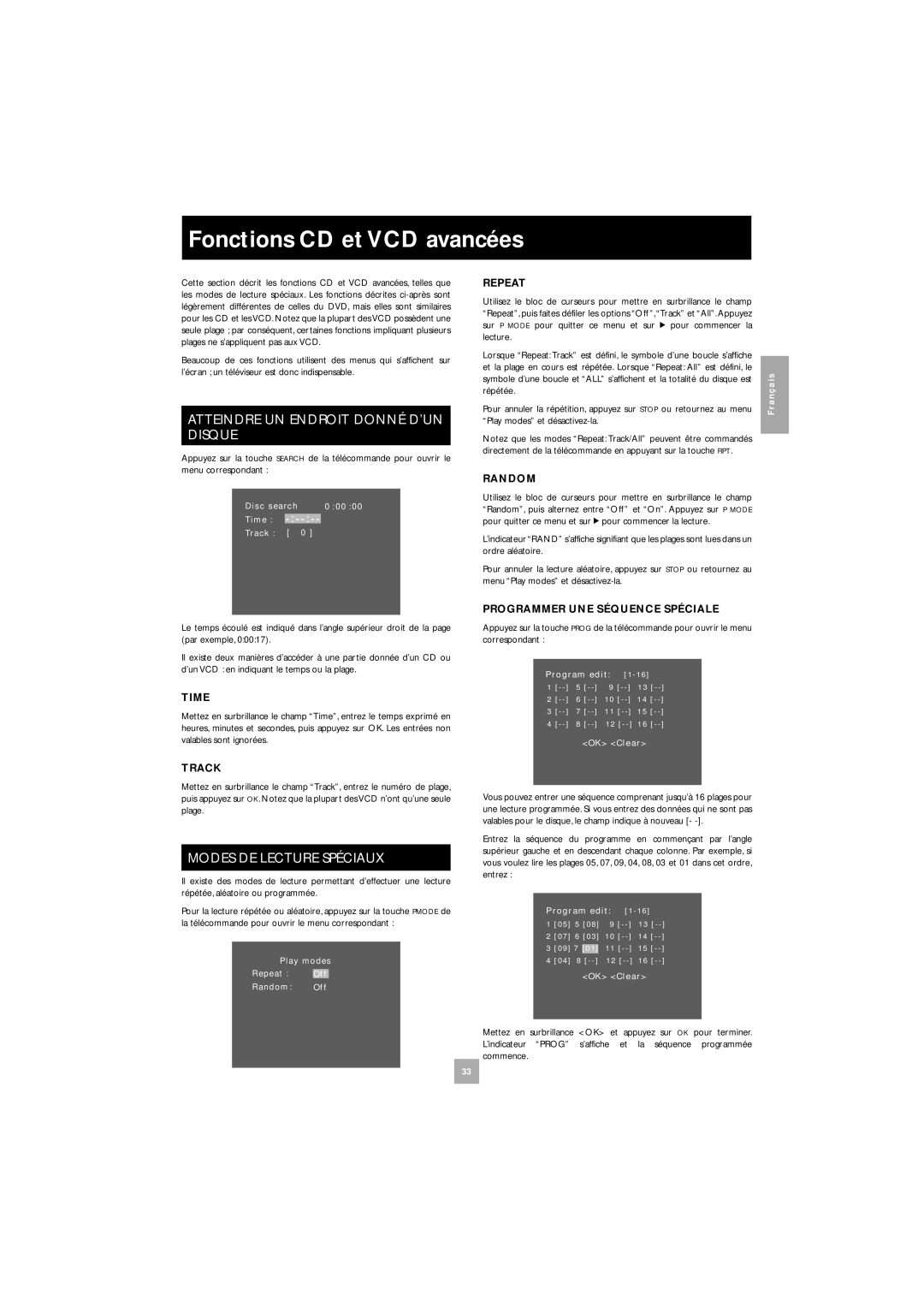 Arcam DV27 manual Fonctions CD et VCD avancées, Sur P Mode pour quitter ce menu et sur, Lecture, Répétée 