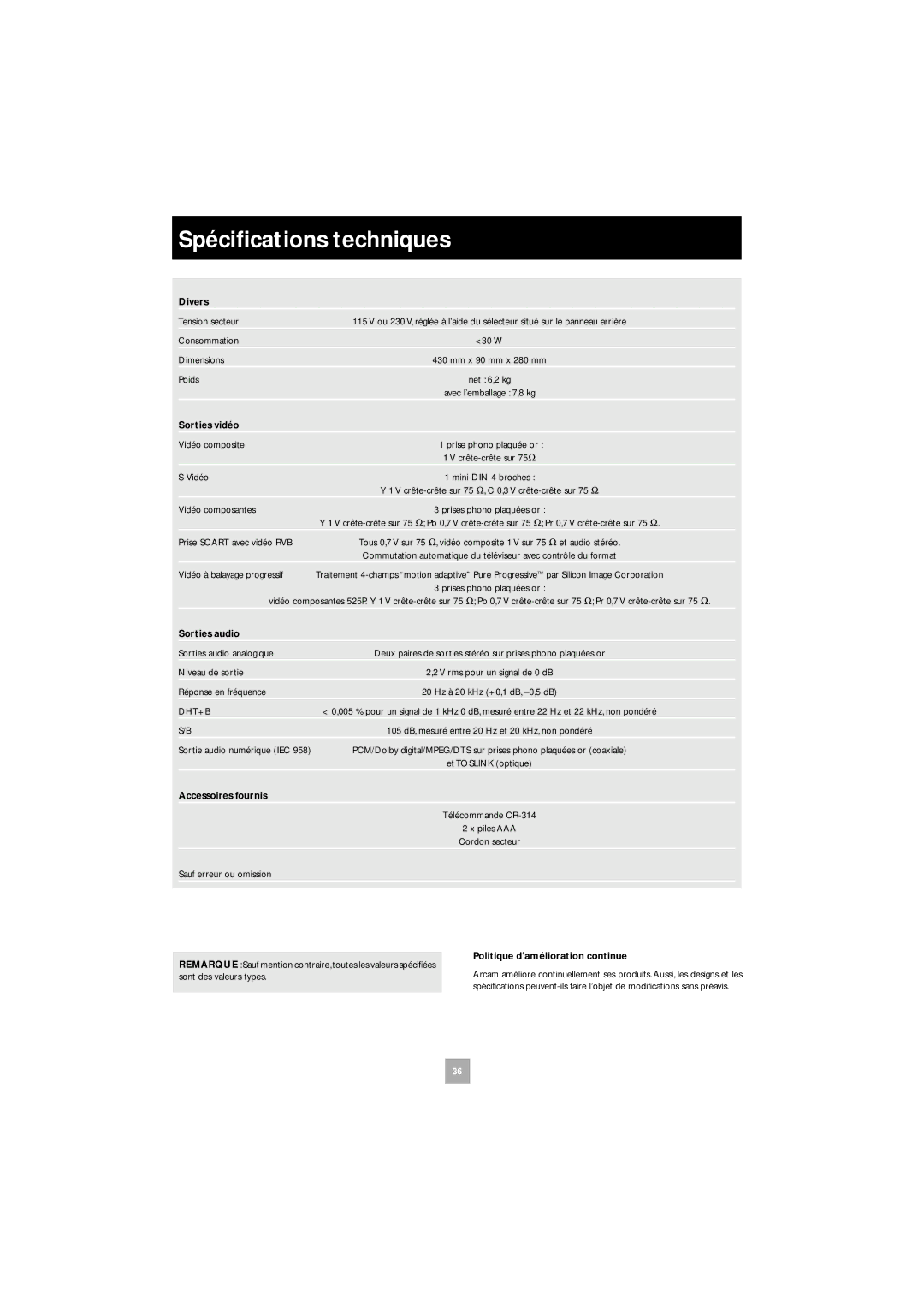 Arcam DV27 manual Spéciﬁcations techniques 