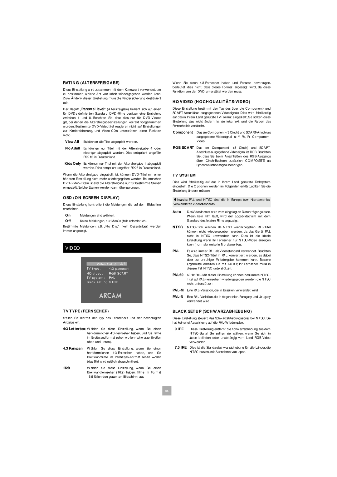 Arcam DV27 manual Rating Altersfreigabe, TV Type Fernseher, HQ Video HOCHQUALITÄTS-VIDEO, Black Setup Schwarzabhebung 