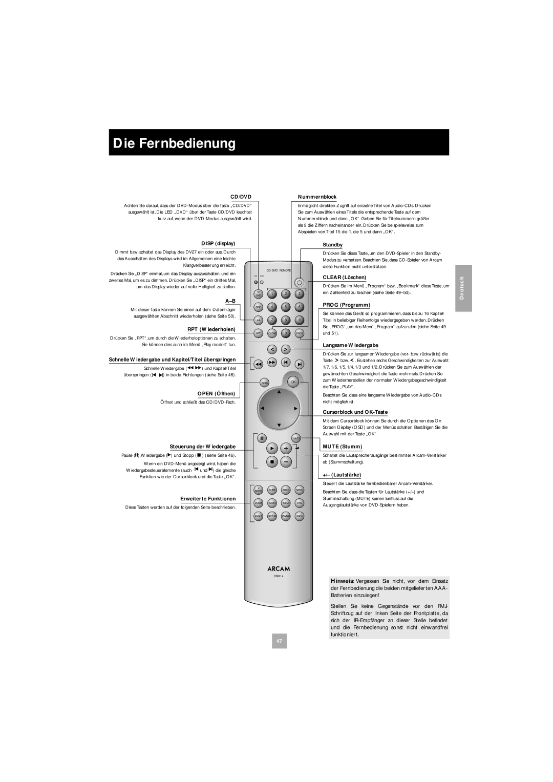 Arcam DV27 manual Die Fernbedienung, Batterien einzulegen, Funktioniert 