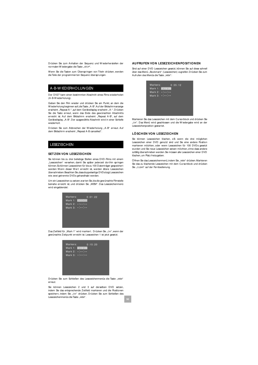 Arcam DV27 manual Wiederholungen, Setzen VON Lesezeichen, Aufrufen VON Lesezeichenpositionen, Löschen VON Lesezeichen 