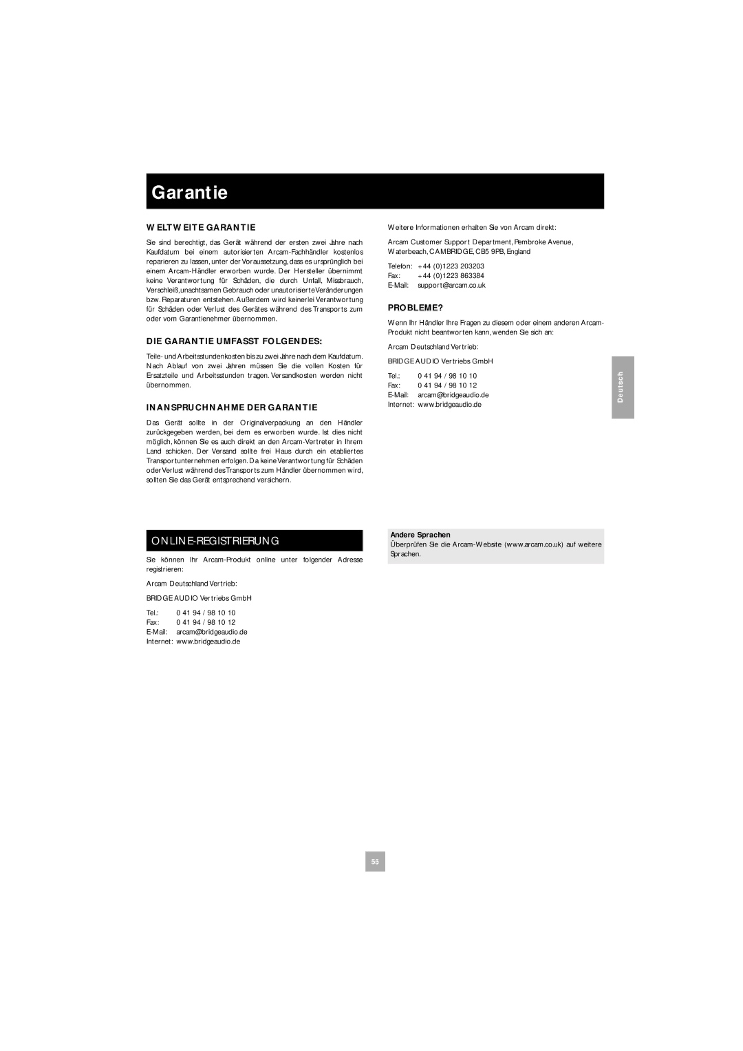 Arcam DV27 manual Online-Registrierung, Weltweite Garantie, DIE Garantie Umfasst Folgendes, Inanspruchnahme DER Garantie 